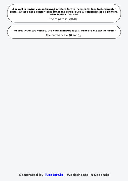Year 8 Math Worksheet – Algebraic Word Problems 2