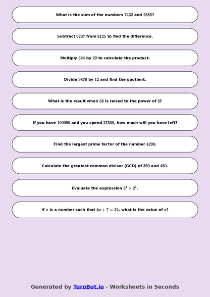 Year 8 Math Worksheet – Arithmetic with Large Numbers