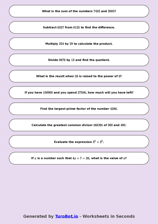 Year 8 Math Worksheet – Arithmetic with Large Numbers