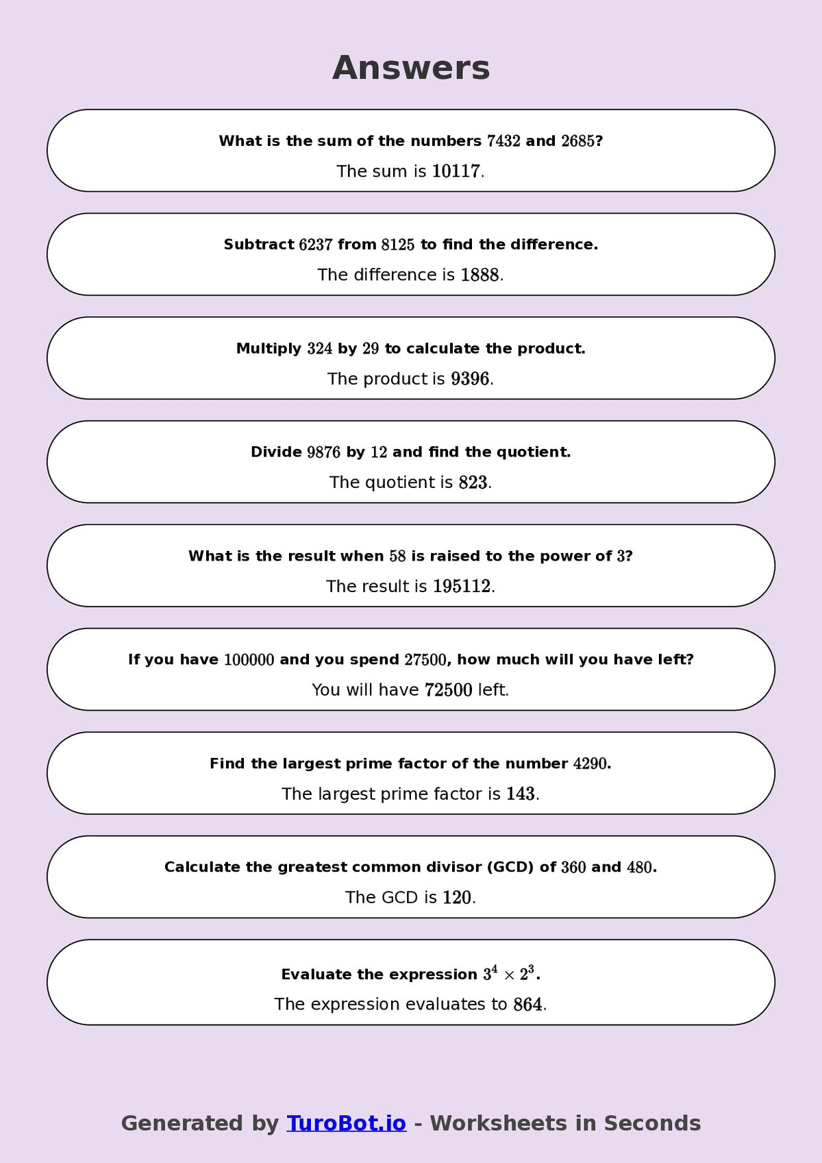 Year 8 Math Worksheet – Arithmetic with Large Numbers