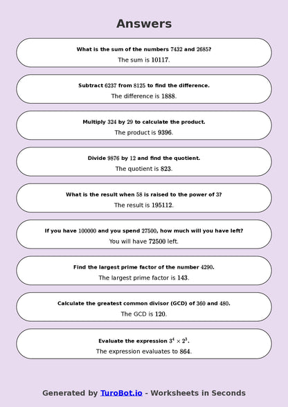 Year 8 Math Worksheet – Arithmetic with Large Numbers