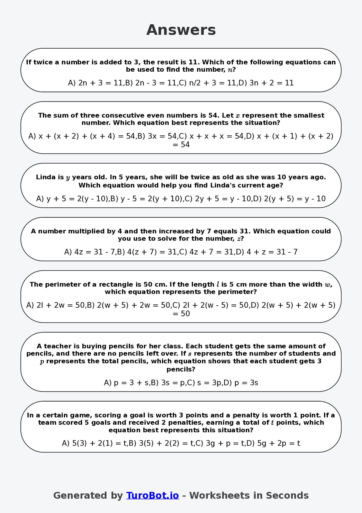 Year 8 Math Worksheet – Balancing Equations