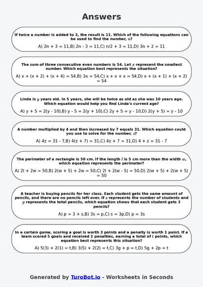 Year 8 Math Worksheet – Balancing Equations