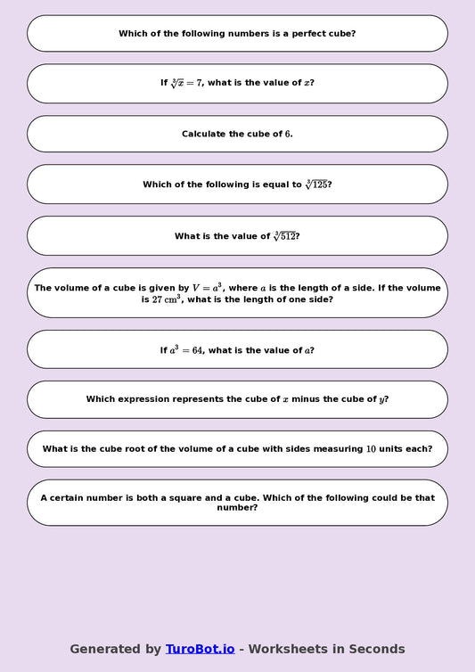 Year 8 Math Worksheet – Cube Numbers and Cube Roots