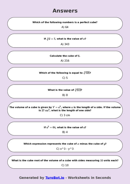 Year 8 Math Worksheet – Cube Numbers and Cube Roots