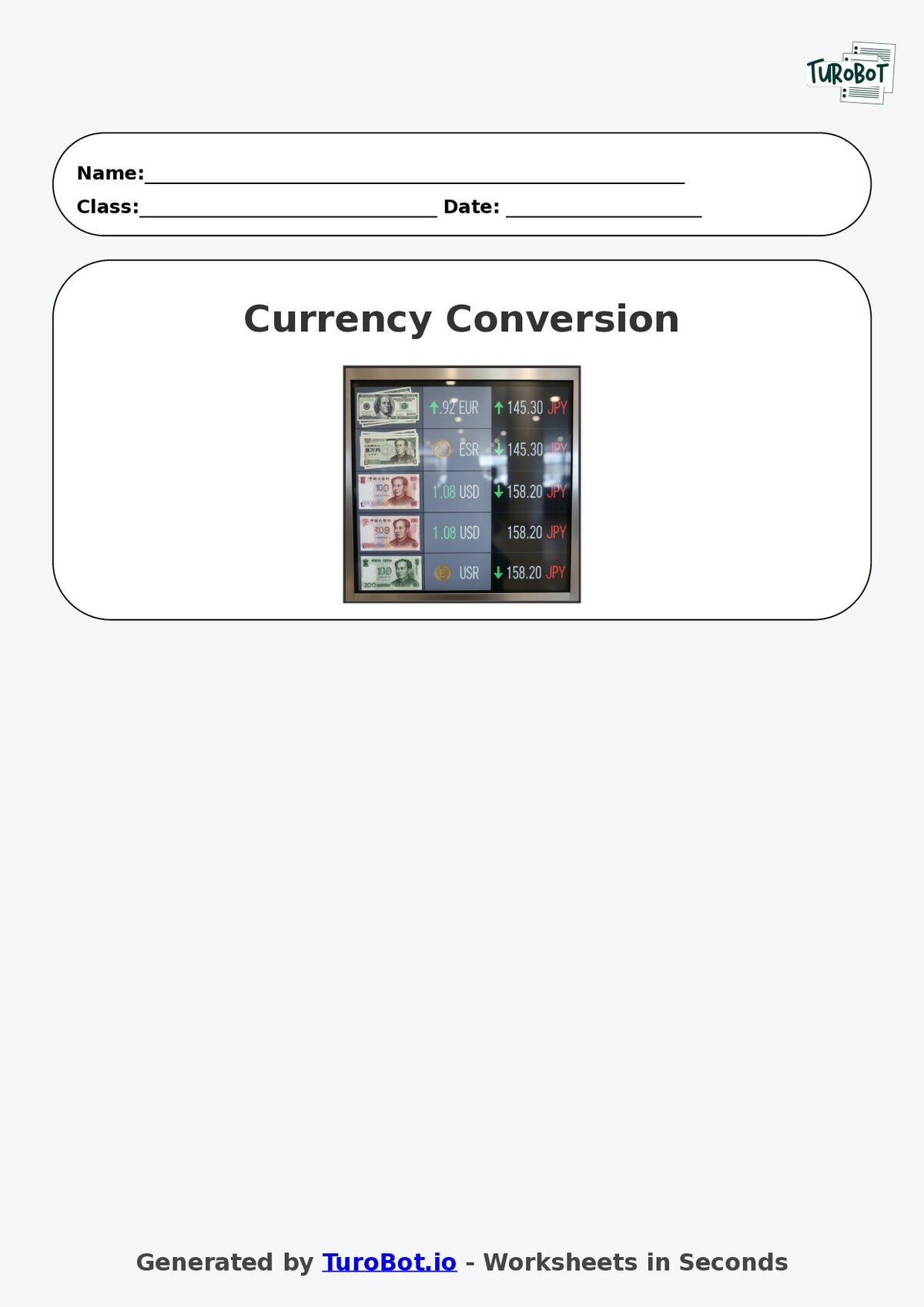 Year 8 Math Worksheet – Currency Conversion Ratio Problems