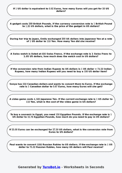 Year 8 Math Worksheet – Currency Conversion Ratio Problems