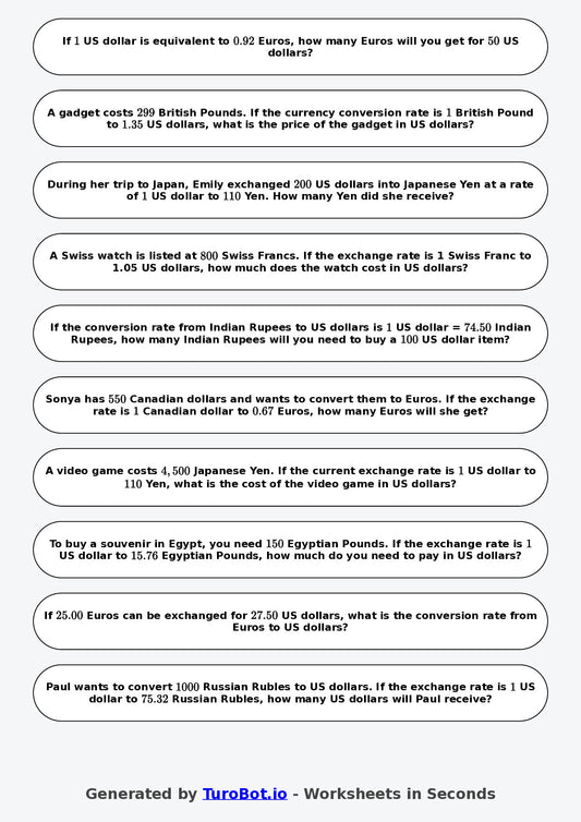 Year 8 Math Worksheet – Currency Conversion Ratio Problems