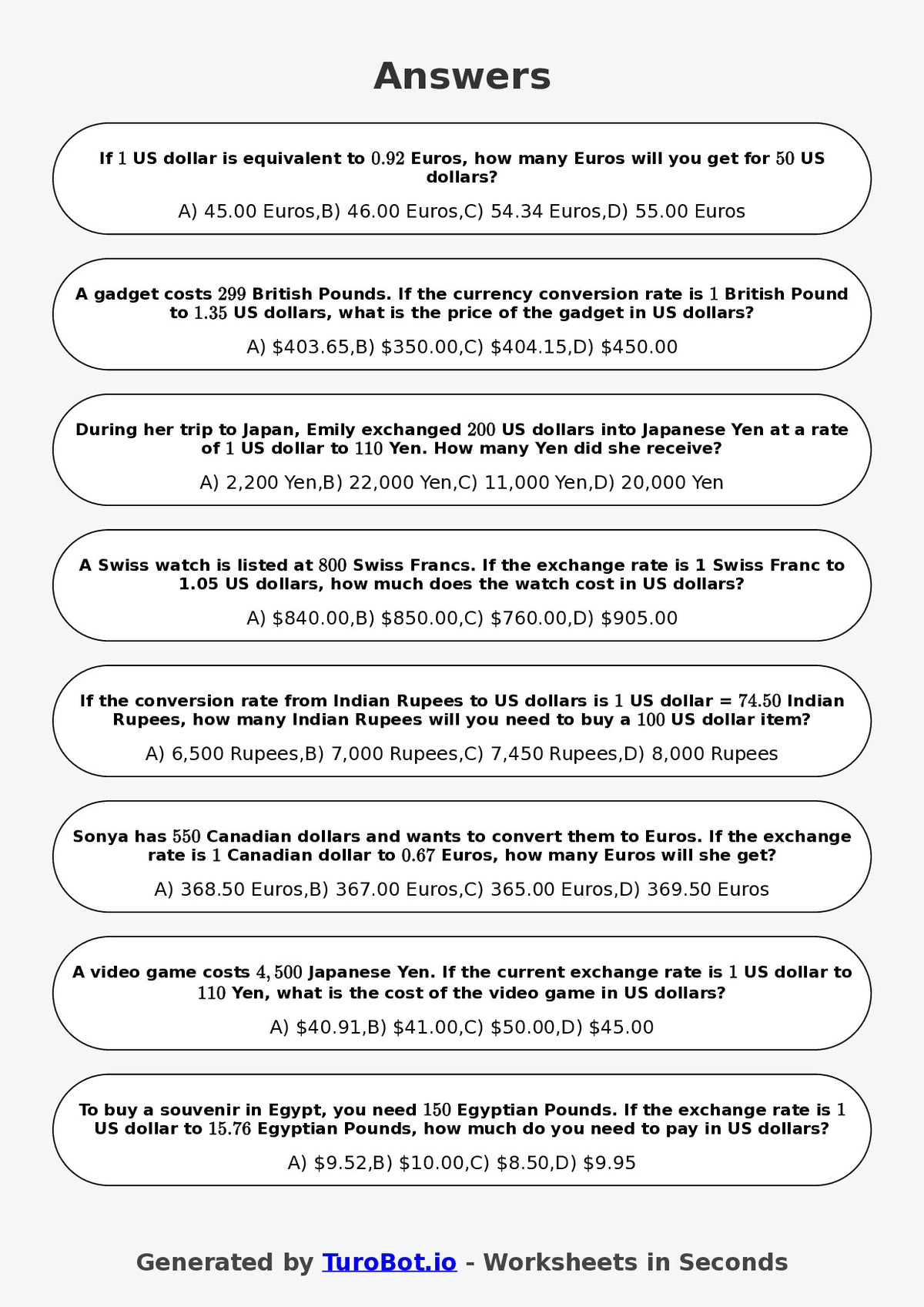 Year 8 Math Worksheet – Currency Conversion Ratio Problems