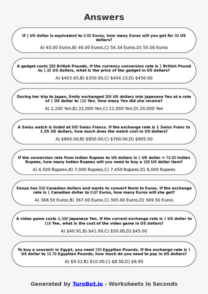Year 8 Math Worksheet – Currency Conversion Ratio Problems