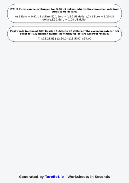 Year 8 Math Worksheet – Currency Conversion Ratio Problems
