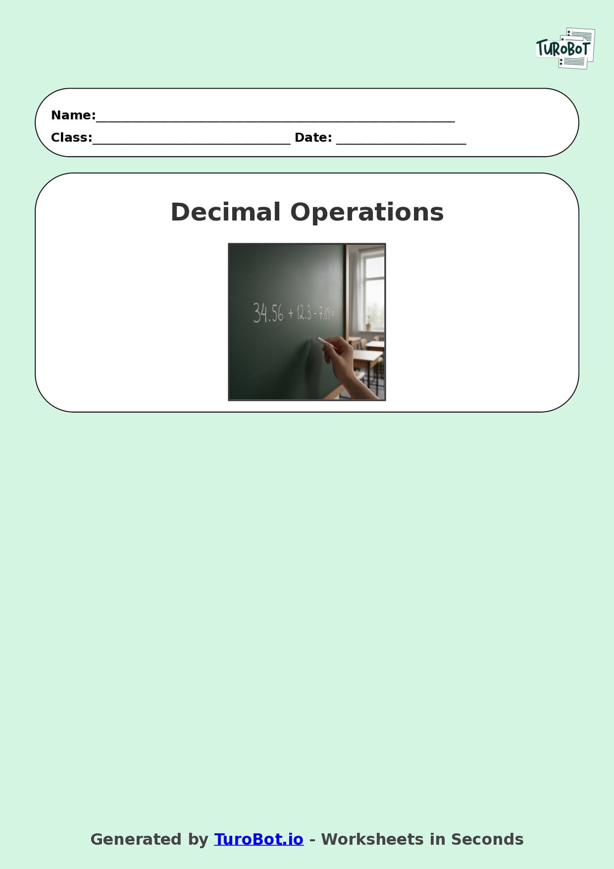 Year 8 Math Worksheet – Decimal Operations - Add and Subtract
