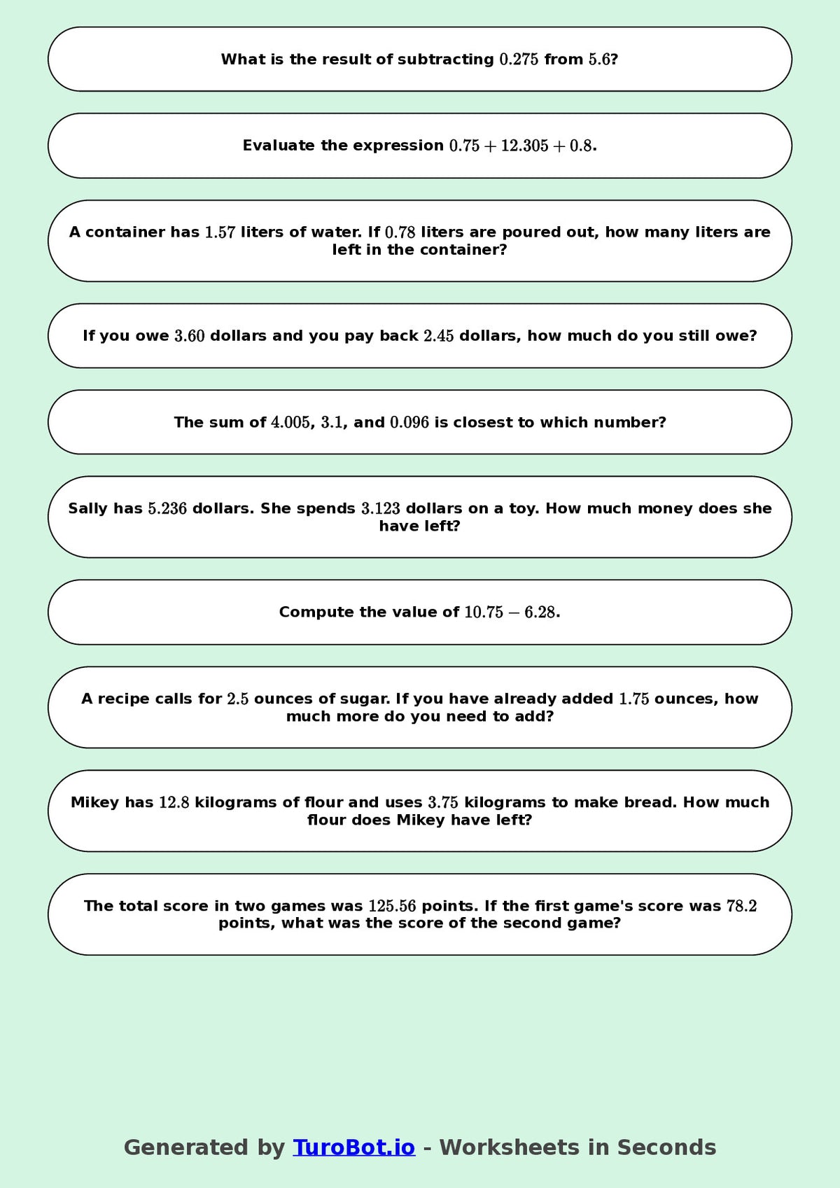 Year 8 Math Worksheet – Decimal Operations - Add and Subtract