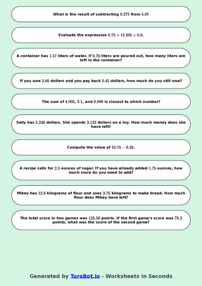Year 8 Math Worksheet – Decimal Operations - Add and Subtract