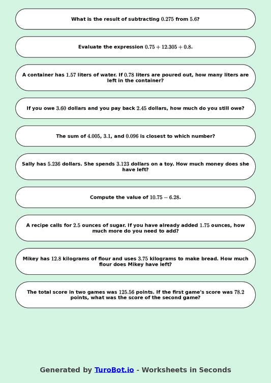 Year 8 Math Worksheet – Decimal Operations - Add and Subtract