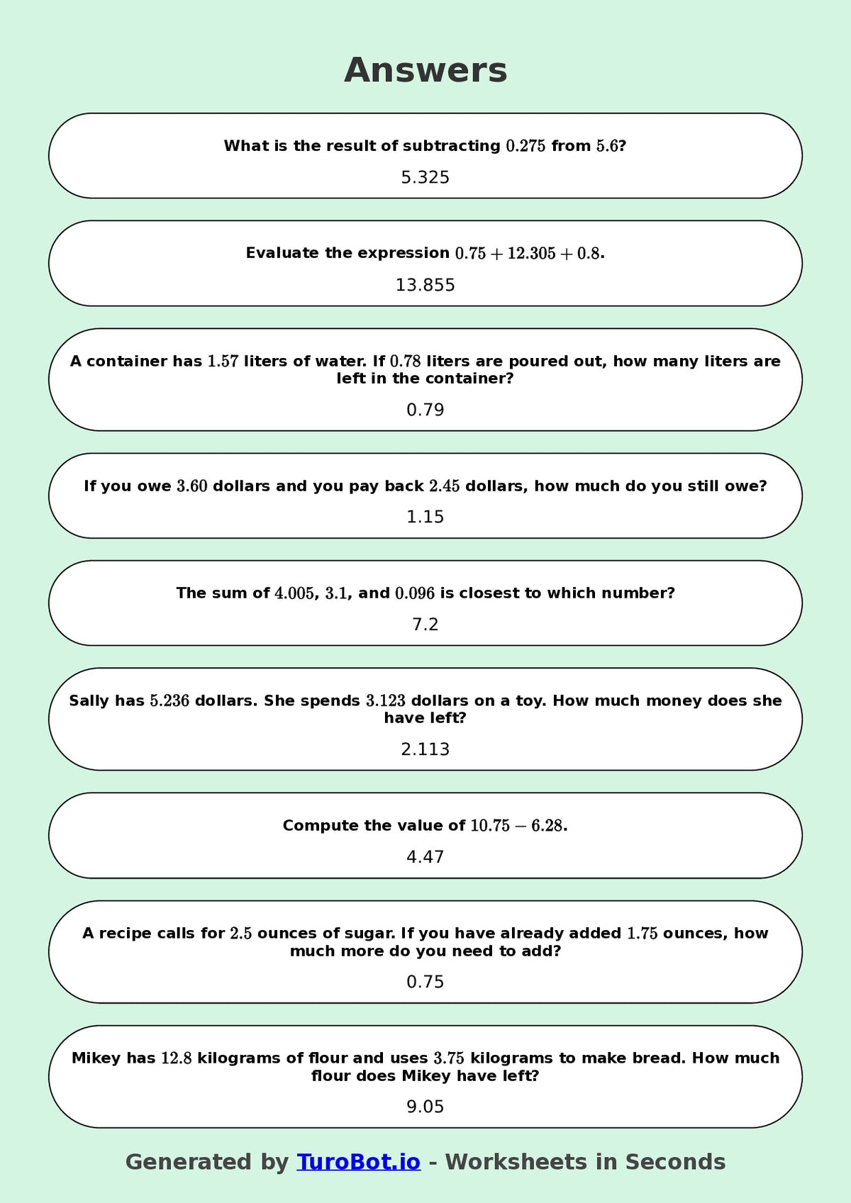 Year 8 Math Worksheet – Decimal Operations - Add and Subtract