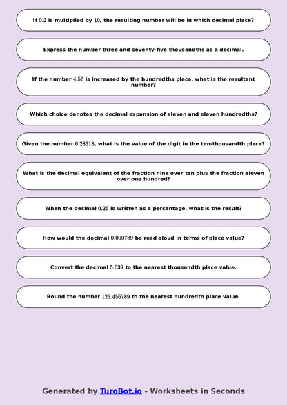 Year 8 Math Worksheet – Decimal Place Value Challenge