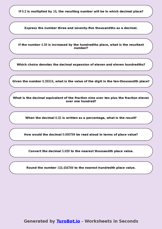 Year 8 Math Worksheet – Decimal Place Value Challenge