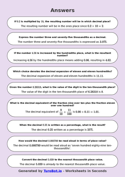 Year 8 Math Worksheet – Decimal Place Value Challenge