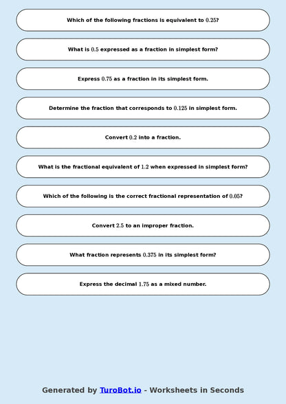 Year 8 Math Worksheet – Decimals to Fractions Basics 2