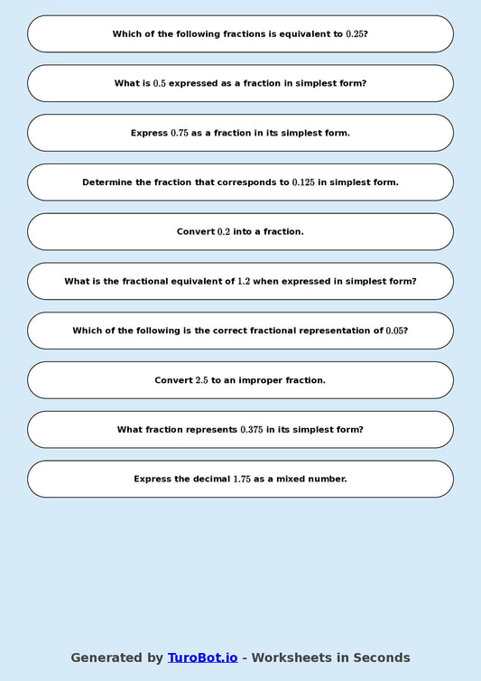 Year 8 Math Worksheet – Decimals to Fractions Basics 2