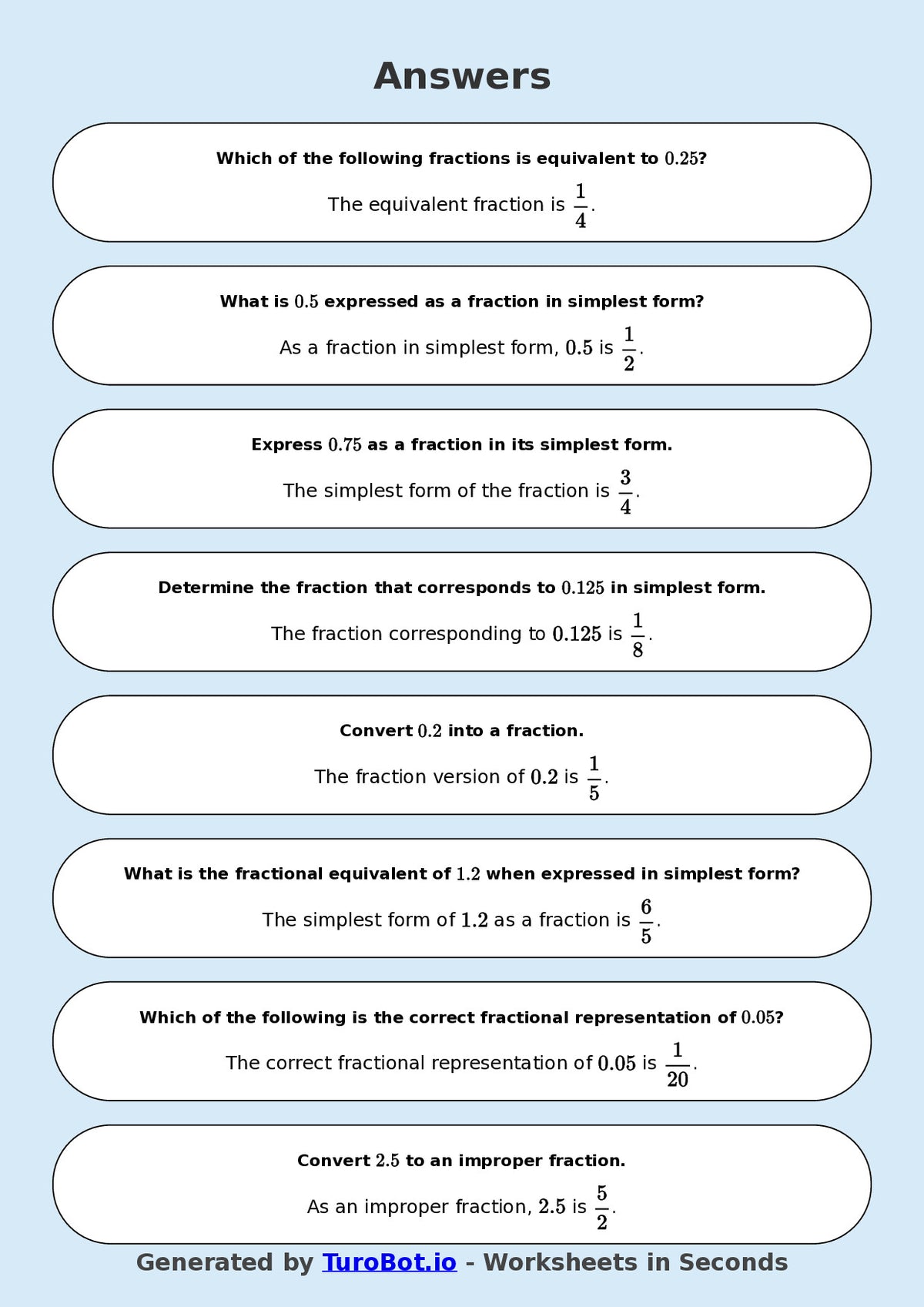 Year 8 Math Worksheet – Decimals to Fractions Basics 2