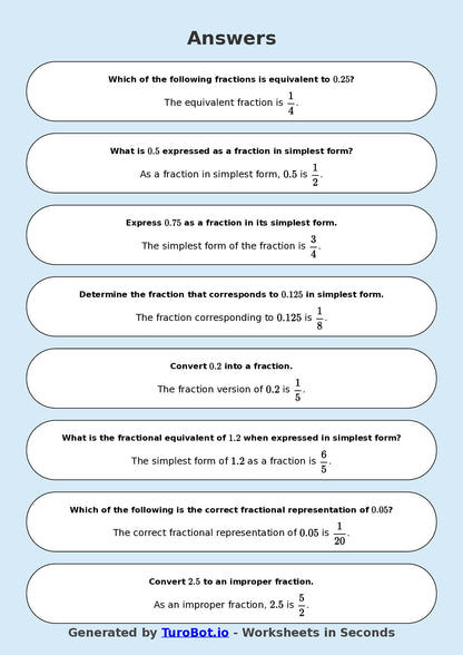 Year 8 Math Worksheet – Decimals to Fractions Basics 2