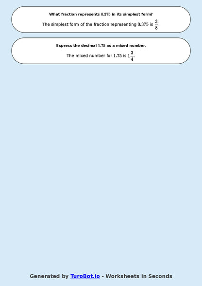 Year 8 Math Worksheet – Decimals to Fractions Basics 2