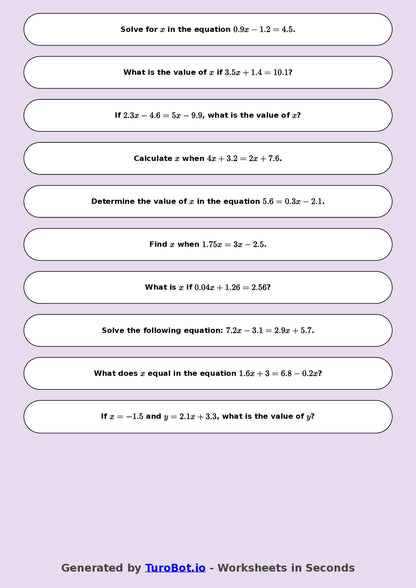 Year 8 Math Worksheet – Equations with Decimals