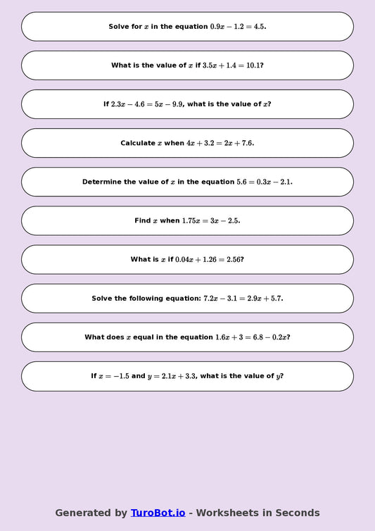 Year 8 Math Worksheet – Equations with Decimals
