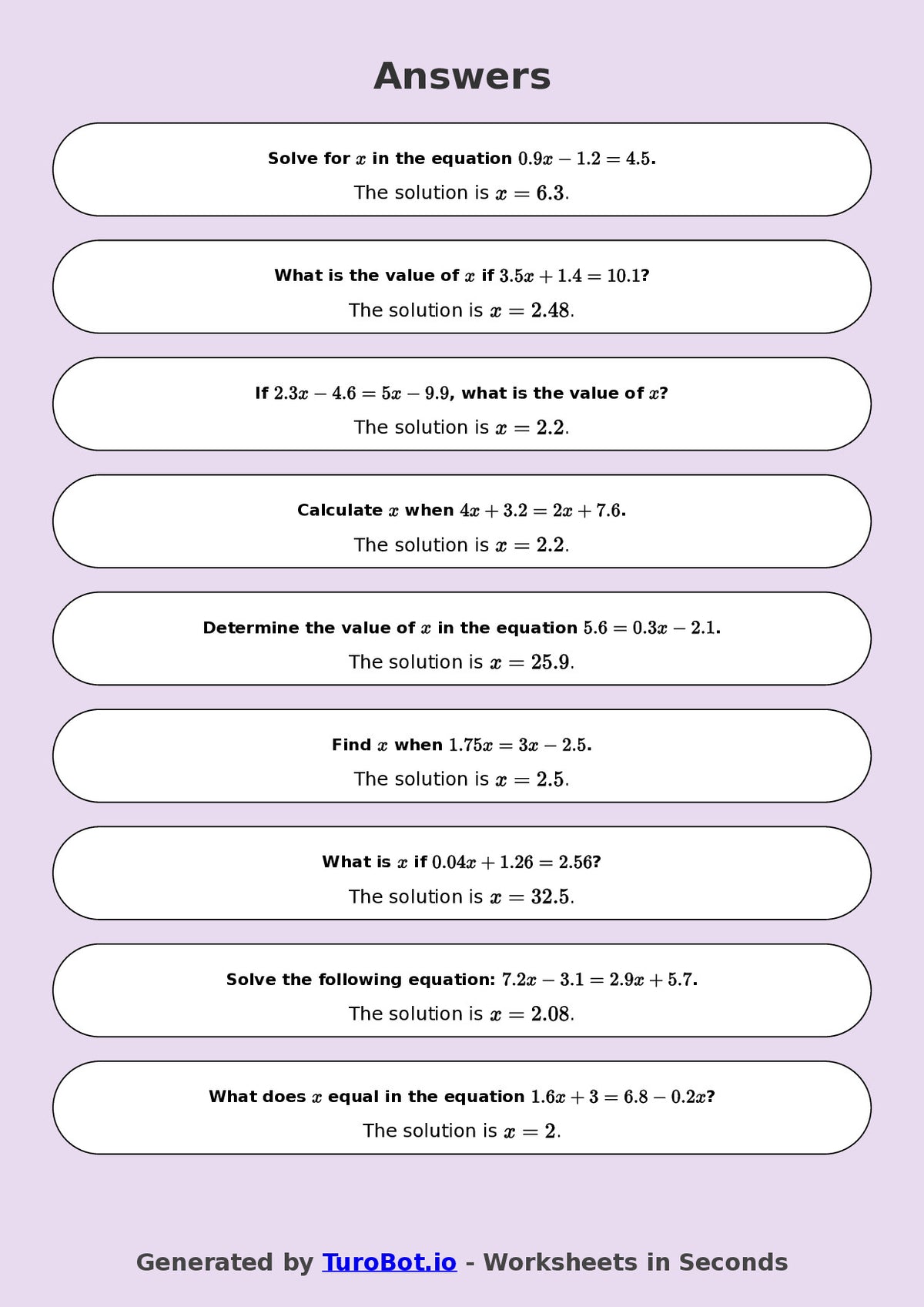 Year 8 Math Worksheet – Equations with Decimals