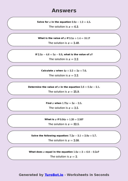 Year 8 Math Worksheet – Equations with Decimals