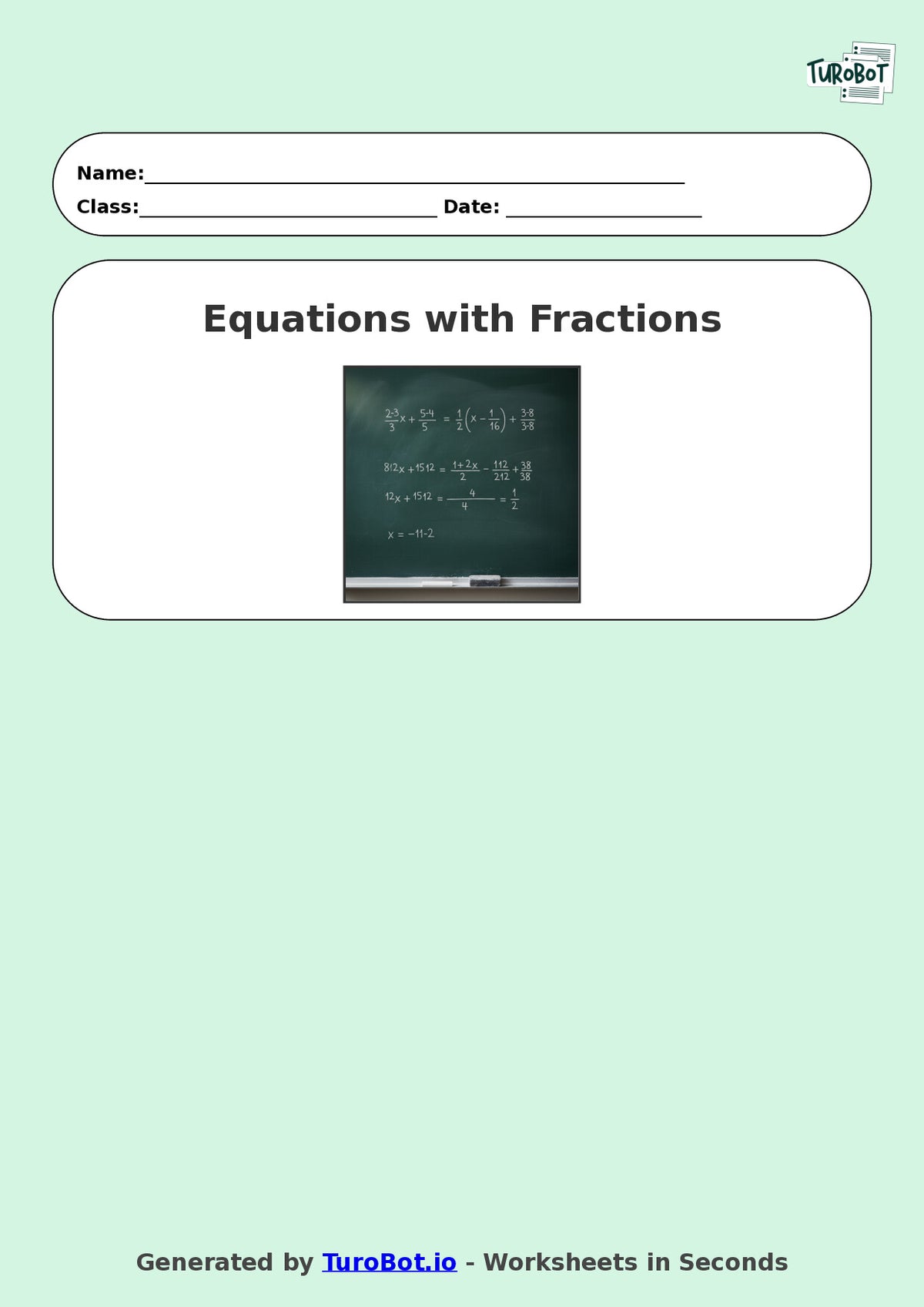 Year 8 Math Worksheet – Equations with Fractions 2