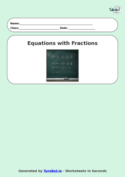 Year 8 Math Worksheet – Equations with Fractions 2