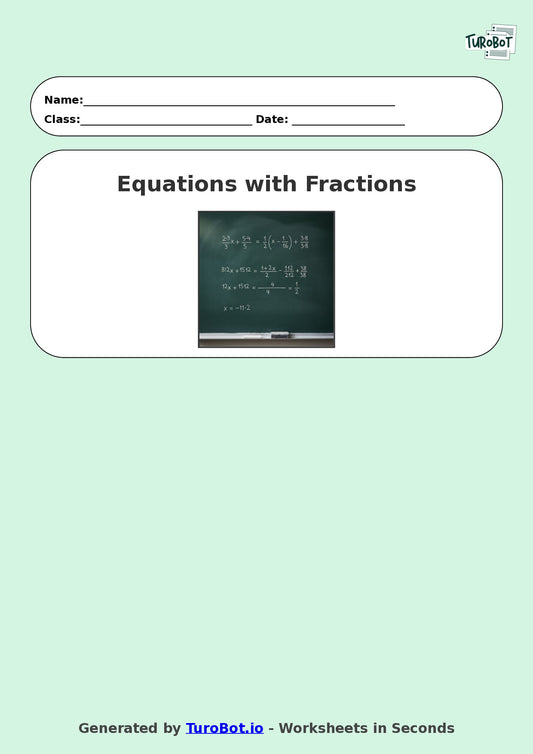 Year 8 Math Worksheet – Equations with Fractions 2