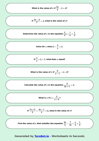 Year 8 Math Worksheet – Equations with Fractions 2