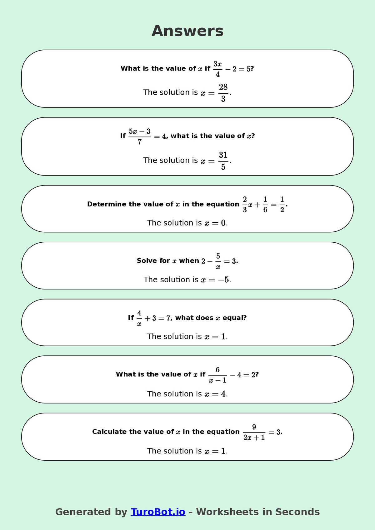 Year 8 Math Worksheet – Equations with Fractions 2