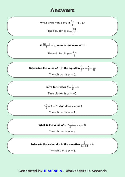Year 8 Math Worksheet – Equations with Fractions 2