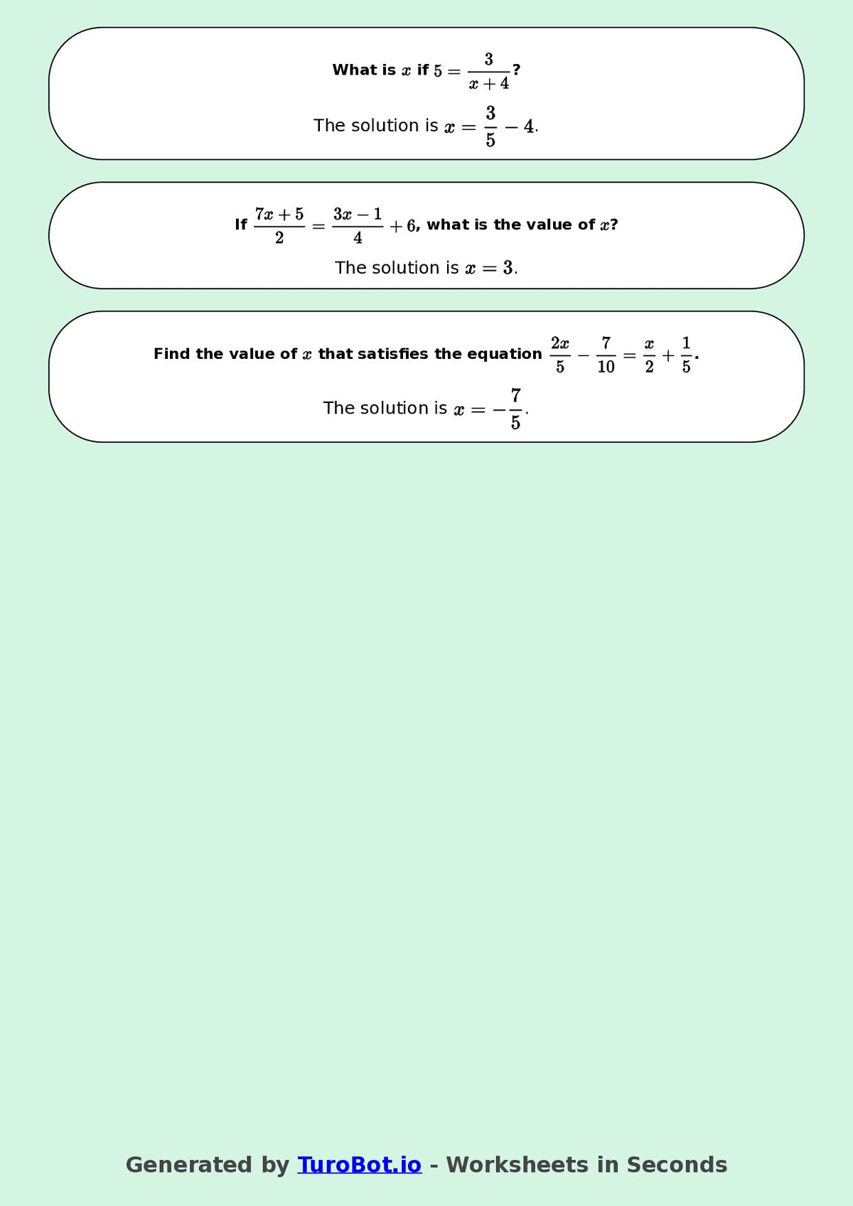 Year 8 Math Worksheet – Equations with Fractions 2
