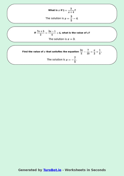 Year 8 Math Worksheet – Equations with Fractions 2