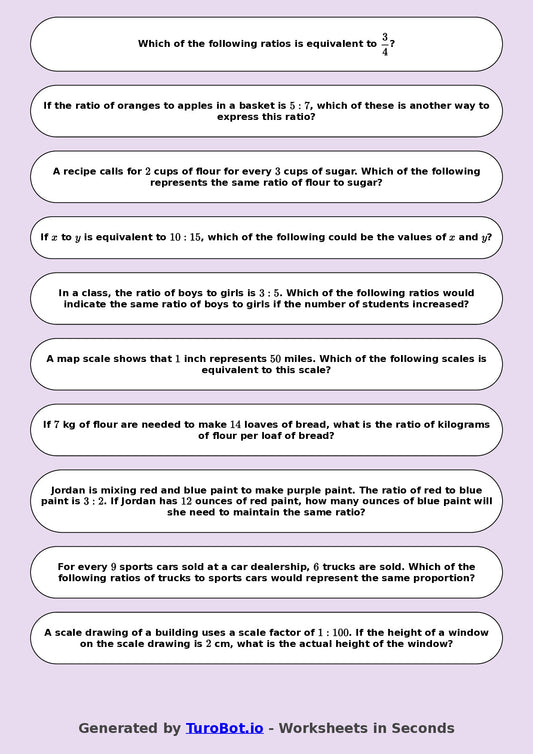 Year 8 Math Worksheet – Equivalent Ratios