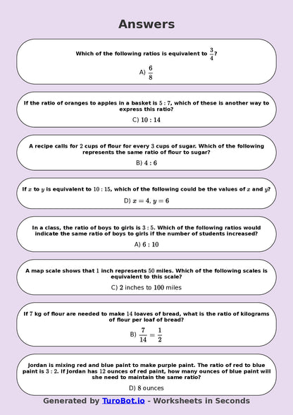 Year 8 Math Worksheet – Equivalent Ratios