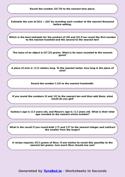 Year 8 Math Worksheet – Estimation and Rounding