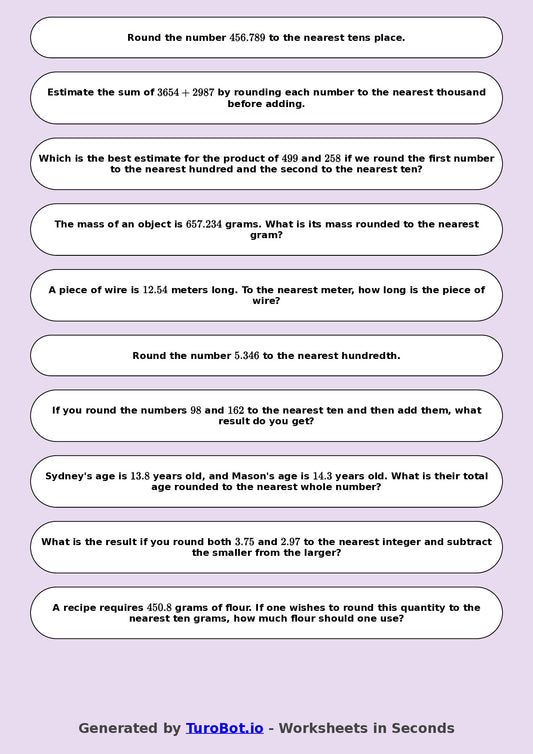 Year 8 Math Worksheet – Estimation and Rounding