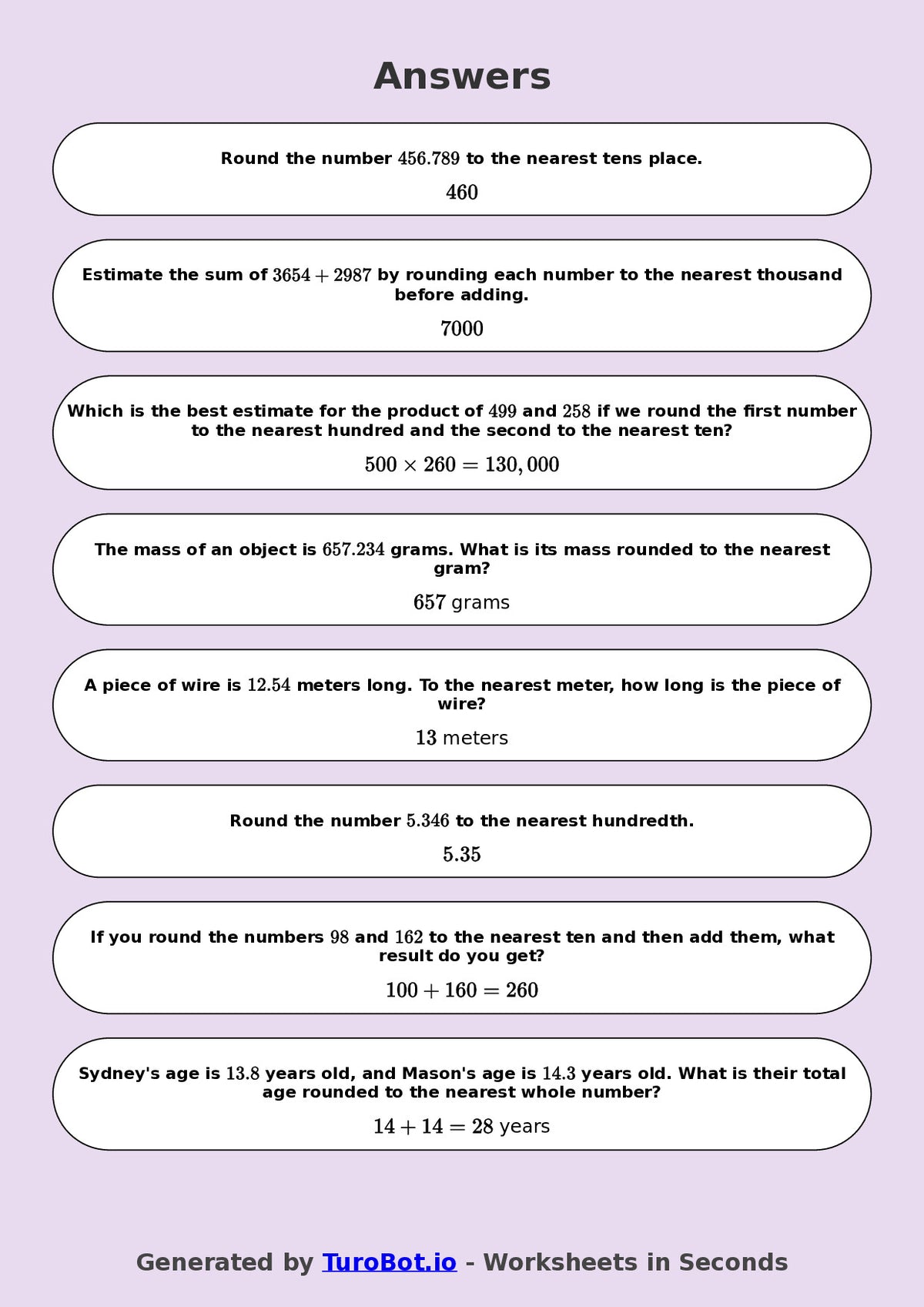 Year 8 Math Worksheet – Estimation and Rounding