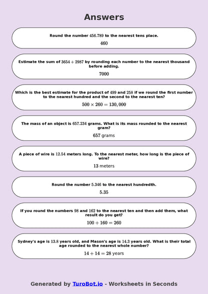 Year 8 Math Worksheet – Estimation and Rounding