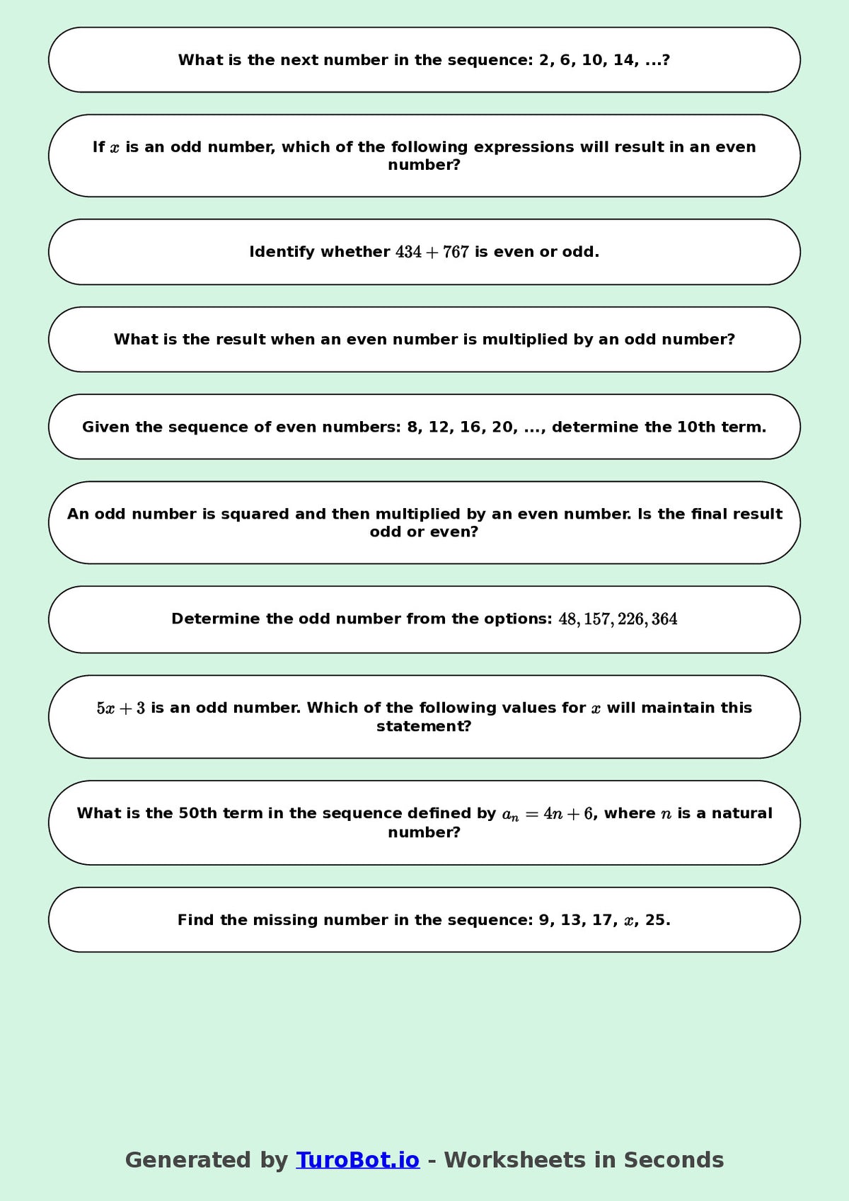 Year 8 Math Worksheet – Even and Odd Number Patterns 2