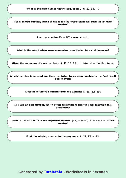 Year 8 Math Worksheet – Even and Odd Number Patterns 2