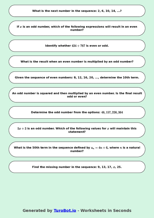 Year 8 Math Worksheet – Even and Odd Number Patterns 2