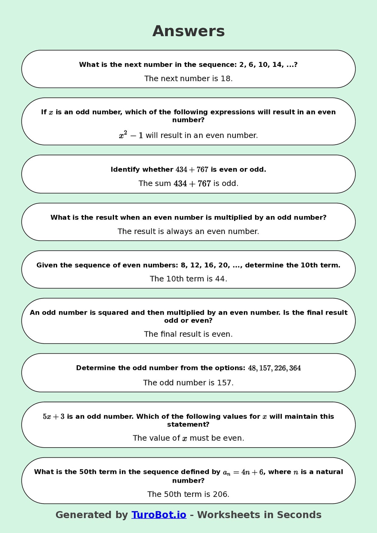 Year 8 Math Worksheet – Even and Odd Number Patterns 2